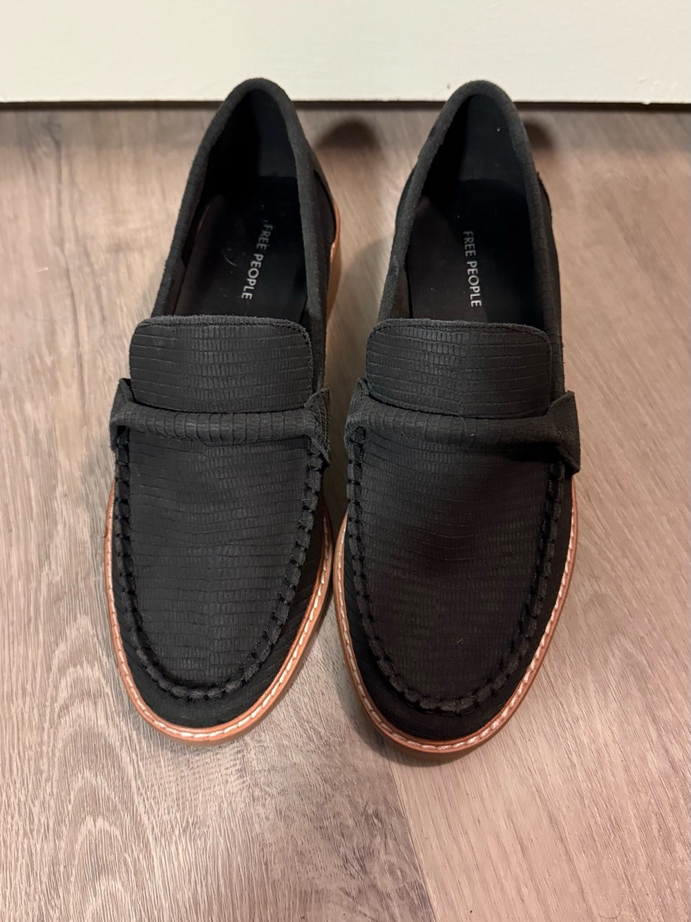 Free People Black Textured Women's Penny Loafers with Brown Trim